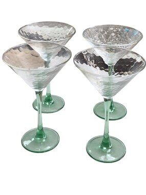 Hammered Honeycomb Martini Glasses Set 4 Green Stems Cocktail Cosmo Barware